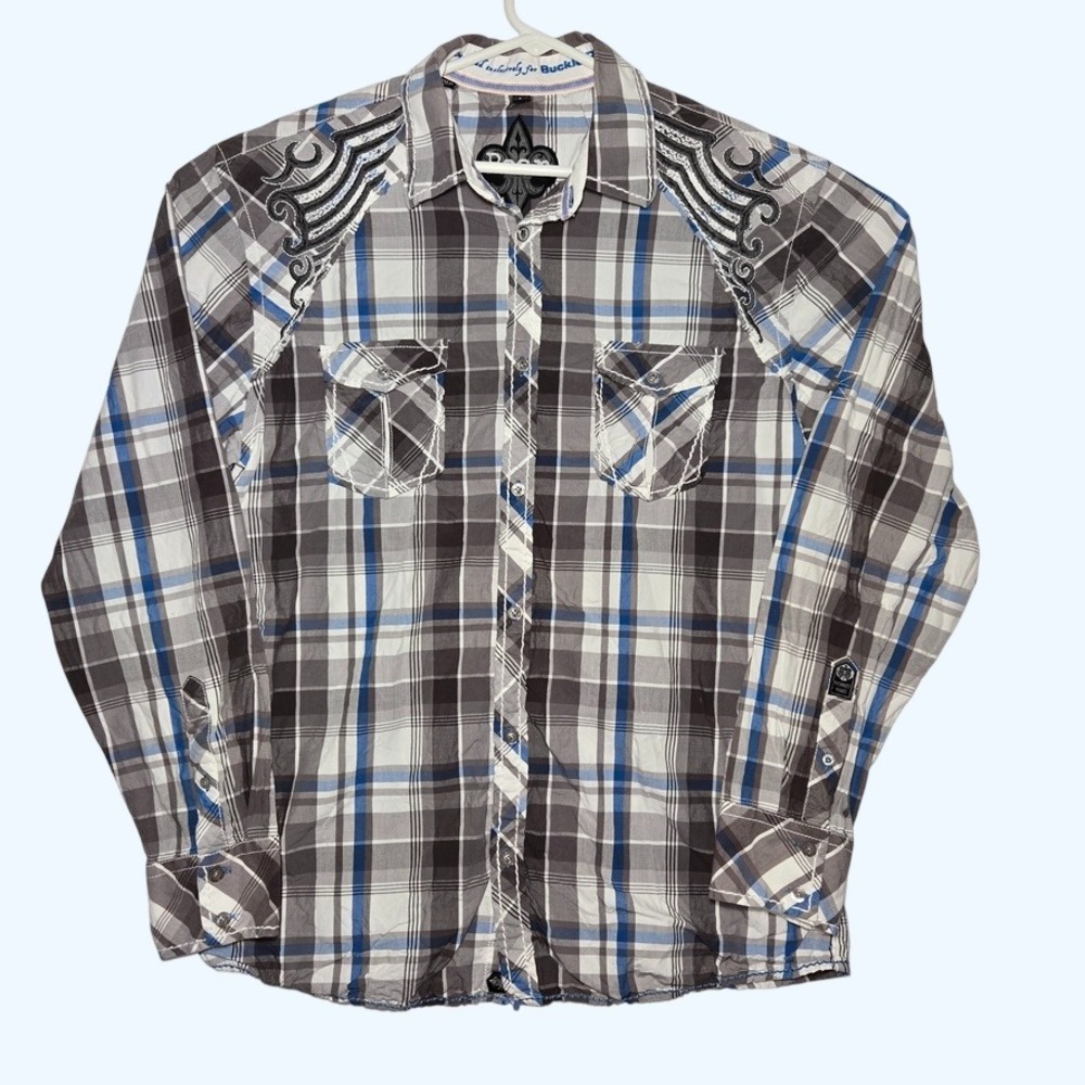 Roar Embroidered Button Down Shirt Grey Blue Plaid Men Large Buckle Graphic Back - Picture 2 of 10